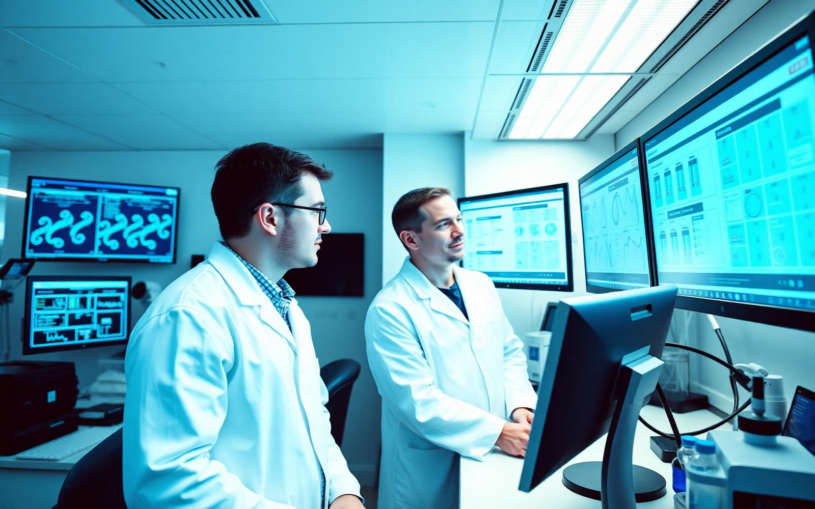 Investigadores a analisar dados de sequenciação genética num laboratório