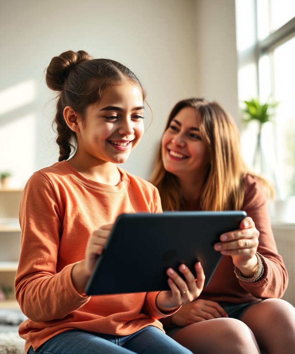 Jovem a usar um tablet de comunicação aumentativa com a sua terapeuta